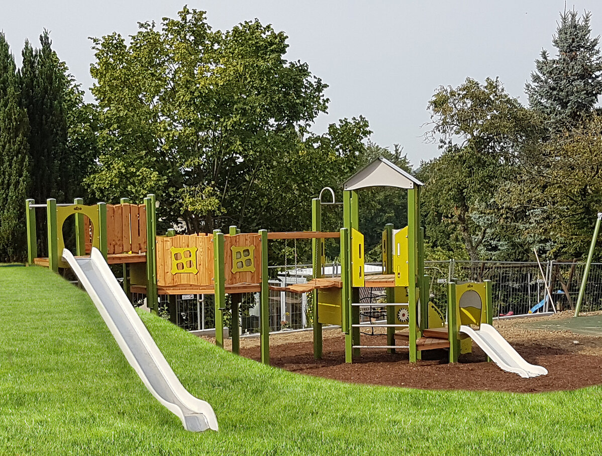 Wooden play equipment in western style with slide, stairs and towers