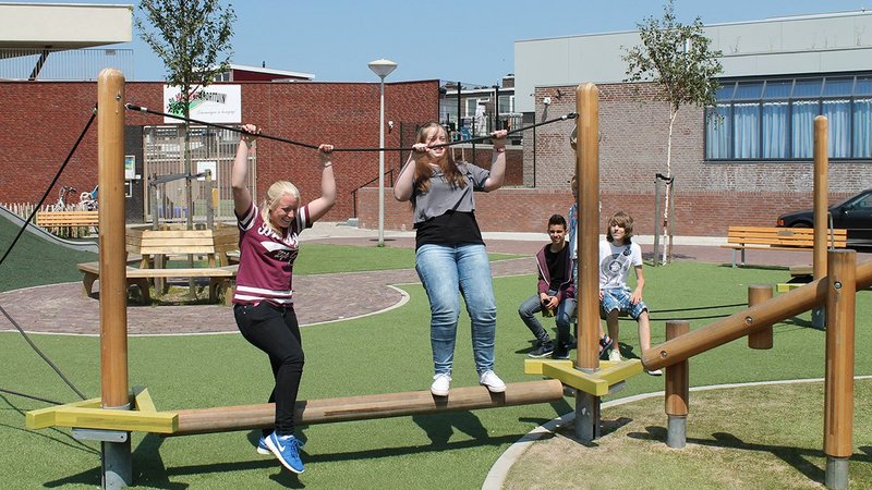 School playground planning - a group of young people balancing on eibe playground equipment in the School playground.