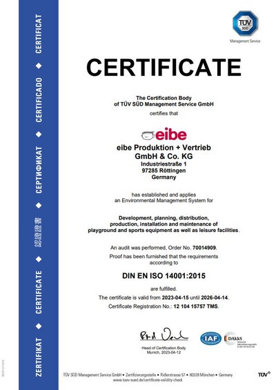 Environmental management system certificate ISO 14001:2015
